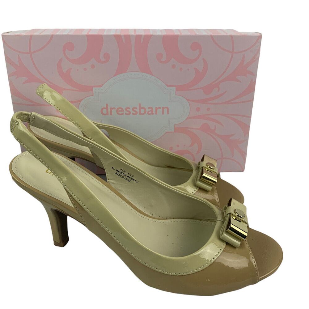 8.5M Dressbarn‎ Sling Back Peep Toe Pump Women's Patent Taupe 3" Heel "Kylie"